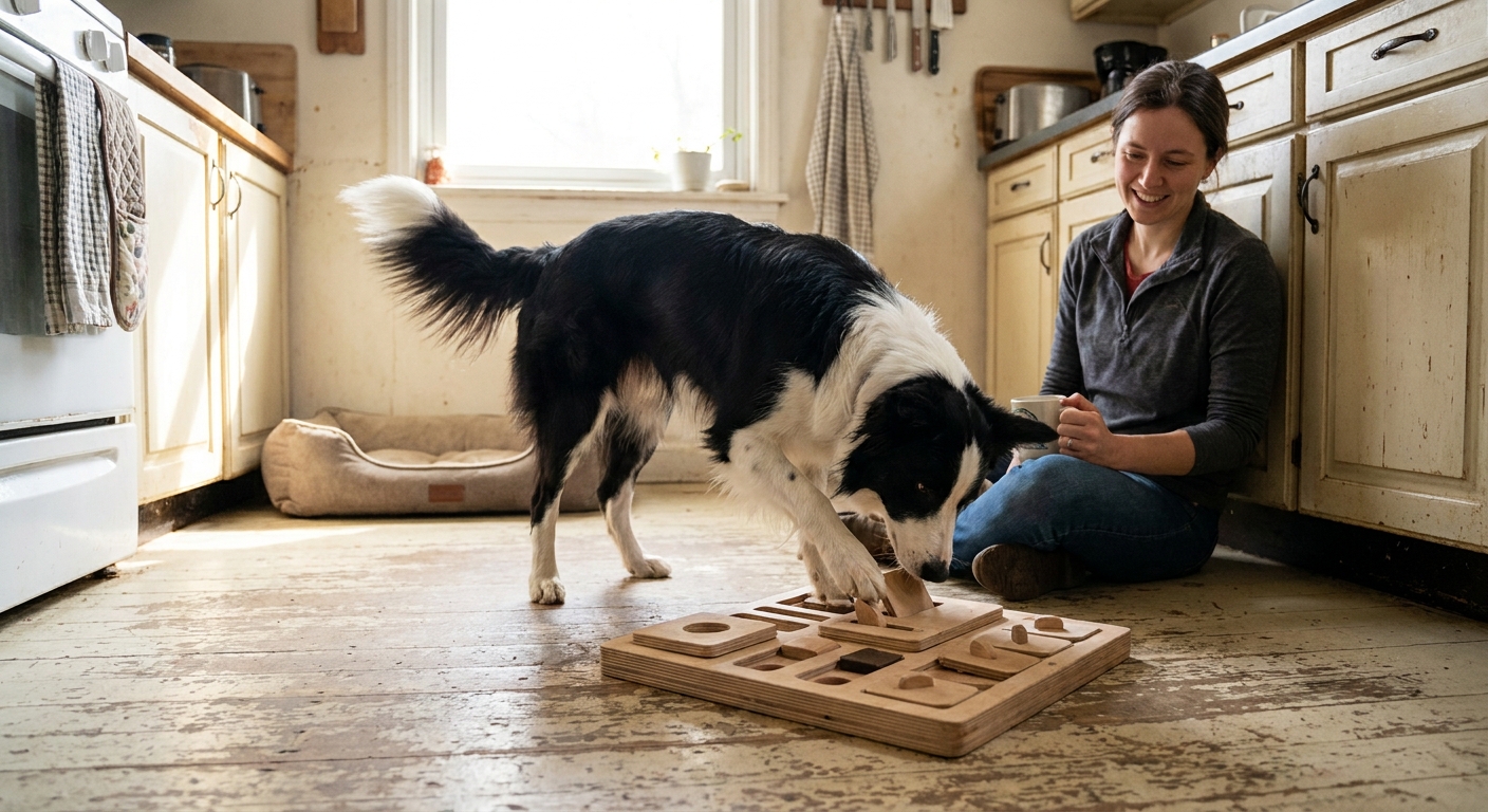 A Border Collie paws at a puzzle feeder on a kitchen floor while an owner supervises
