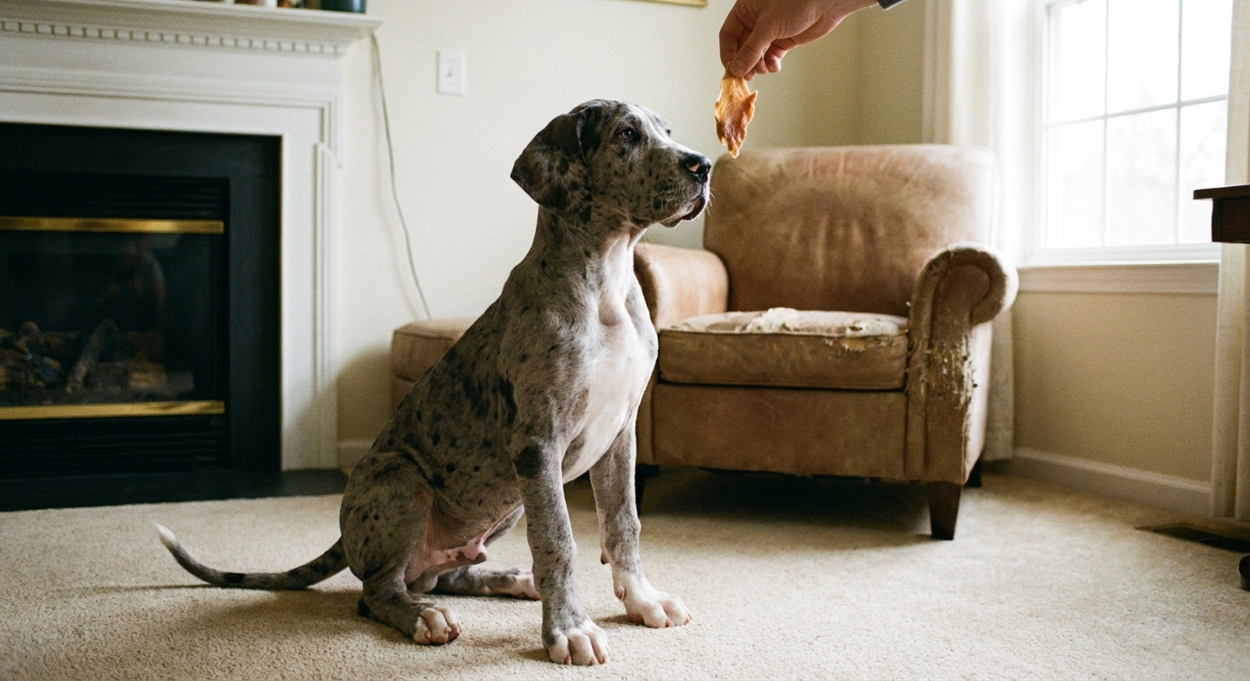 A Great Dane puppy sitting politely while a person offers a small training treat in a living room.