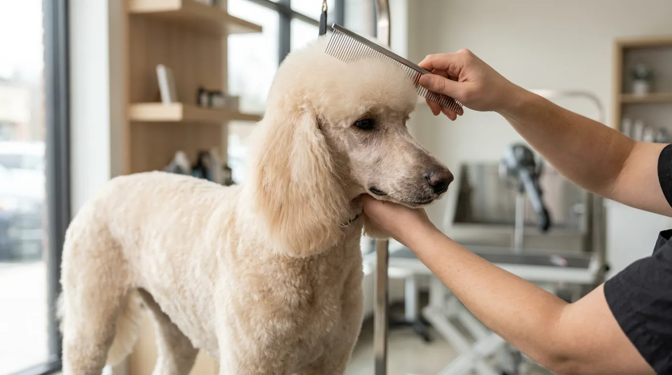 A Miniature Poodle standing on a grooming table in a professional salon while a groomer trims the coat with clippers