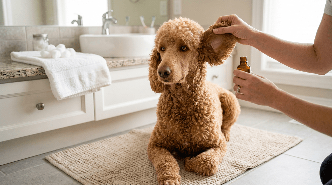 A Toy Poodle sitting calmly while a person gently wipes the outer ear with a cotton round and dog ear cleaner in a home setting