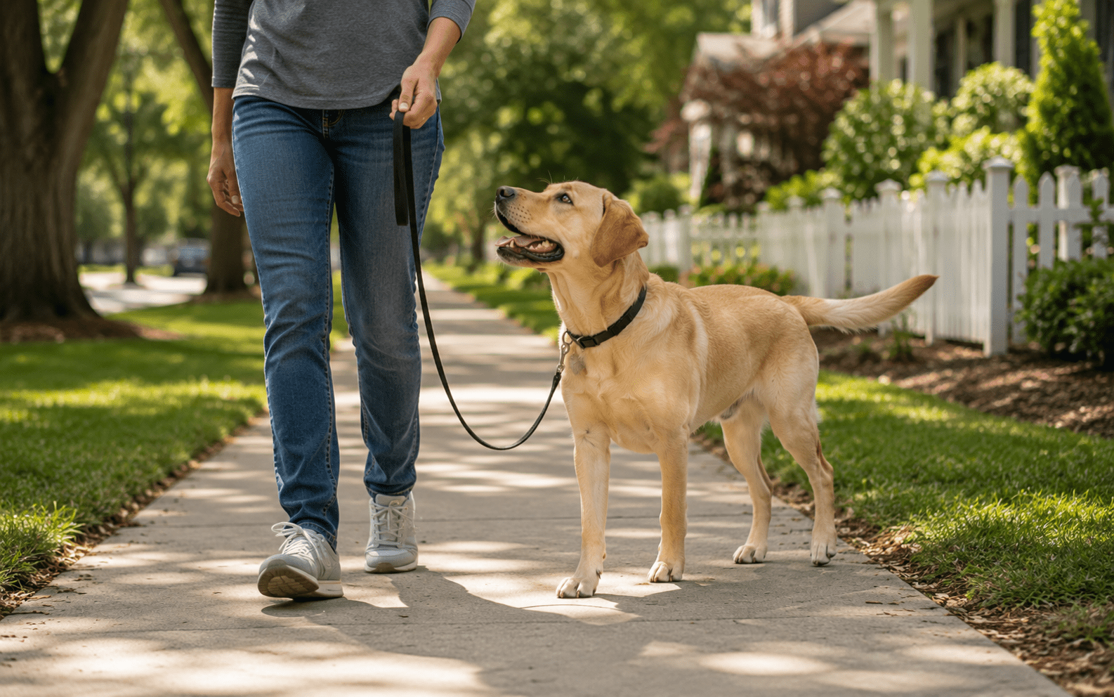 A black Labrador Retriever walking on a loose leash beside an owner on a quiet neighborhood sidewalk, looking up for a treat reward