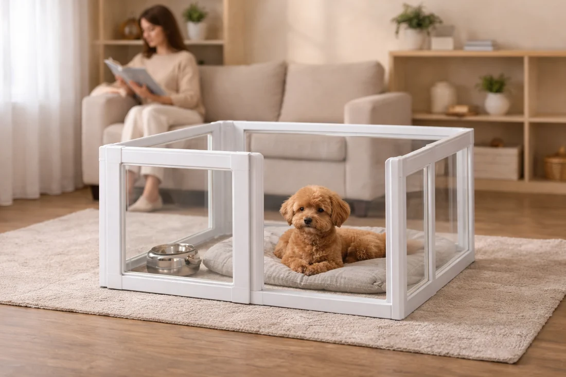 A calm adult dog lying on a bed inside a portable indoor exercise pen in a living room, with a water bowl and chew toy nearby
