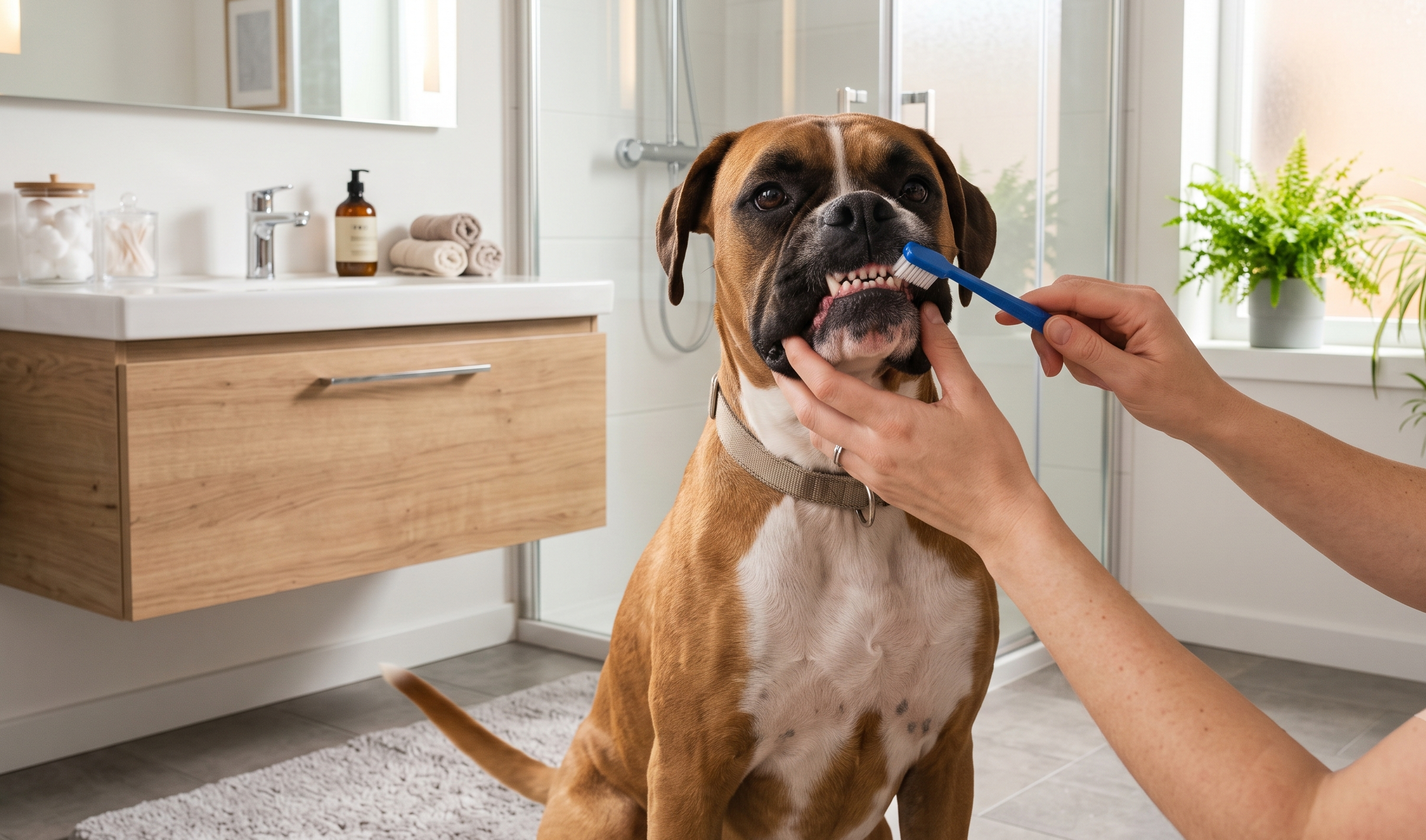 A calm adult dog sitting on a bathroom rug while an owner gently lifts the lip and brushes the outside teeth with a small toothbrush