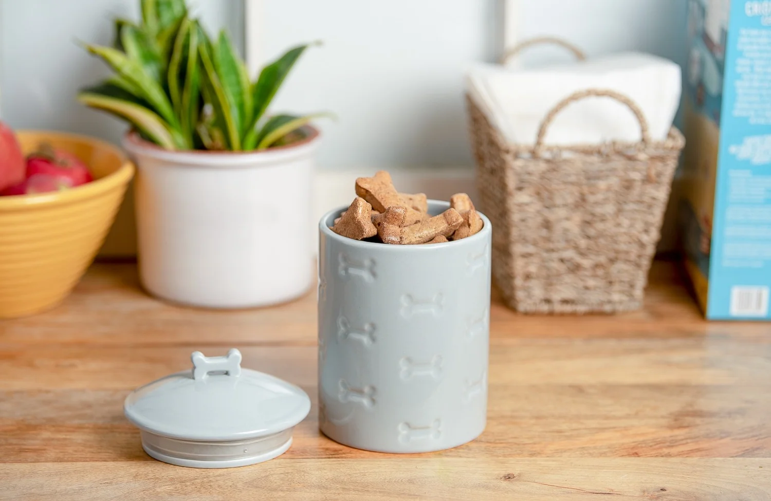 A clear jar of small dog training treats on a kitchen counter next to a measuring cup and a scoop, suggesting organized treat management during a diet trial