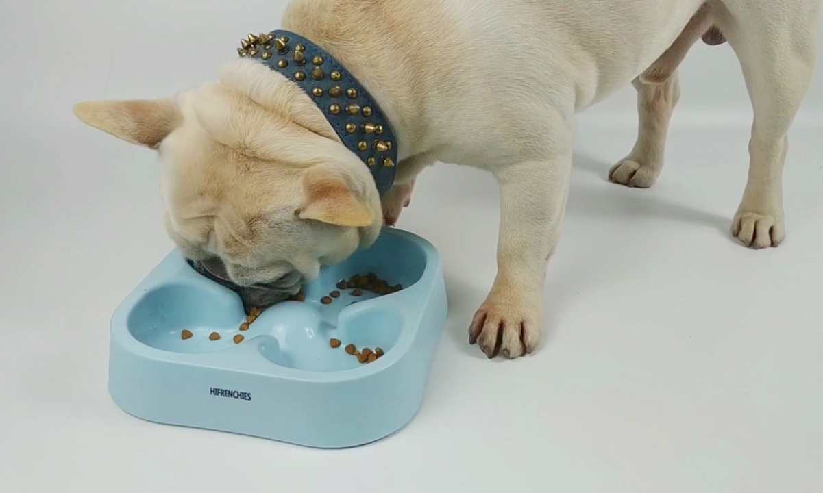 A cream French Bulldog eating kibble from a silicone slow feeder bowl on a kitchen mat while a person watches nearby