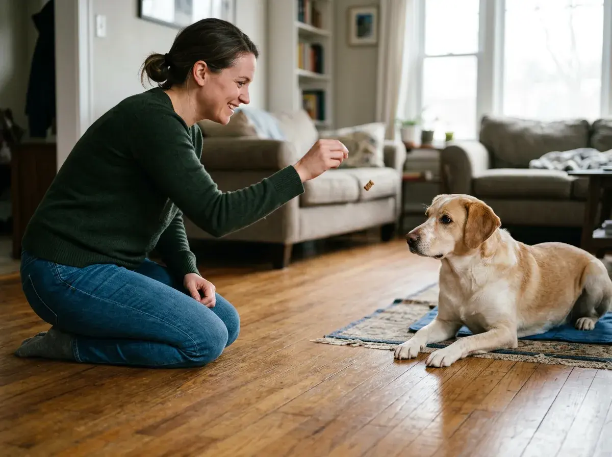 A dog chewing on a toy on a living room rug while a person gently tosses a small treat behind the dog to encourage moving away from the toy
