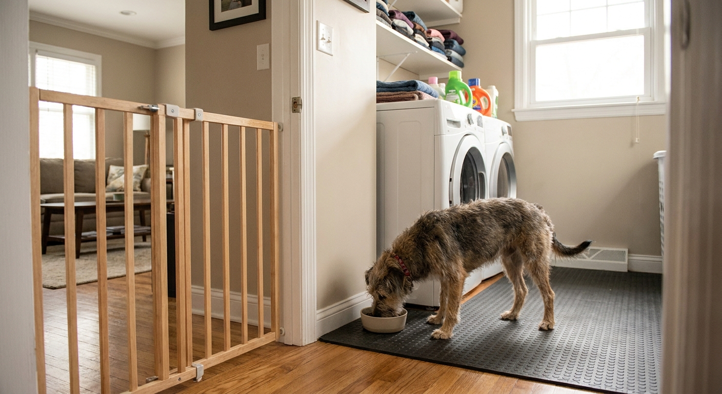A dog eating dinner in a quiet laundry room with a baby gate across the doorway, showing a safe feeding setup in a family home