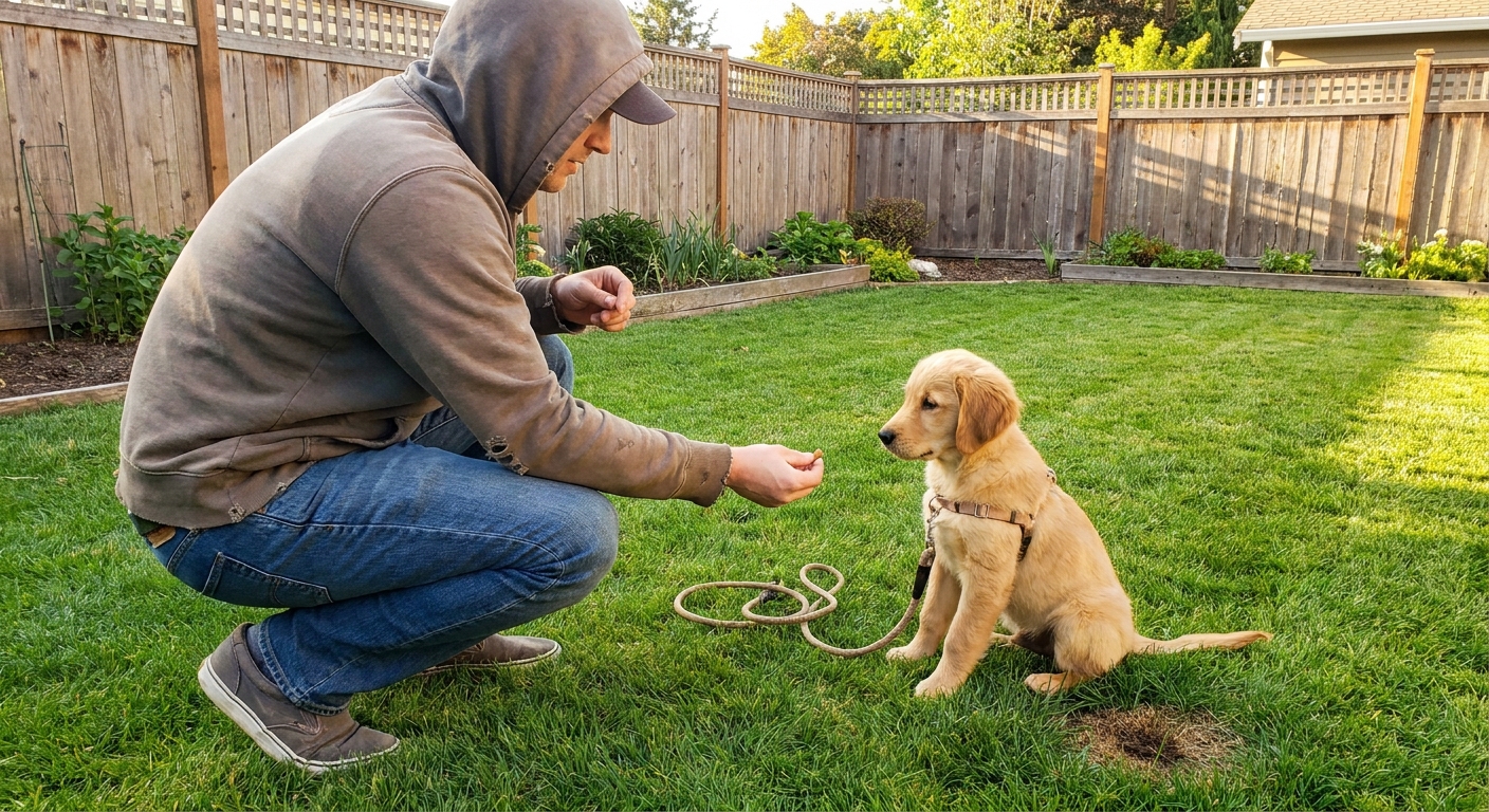 A dog owner crouching in a backyard giving a small treat to a puppy on leash after the puppy potties outside
