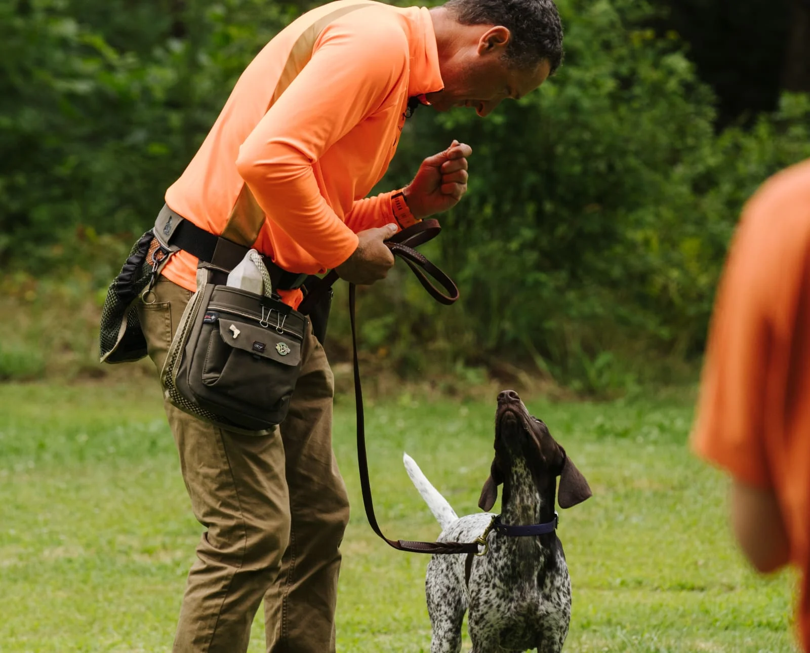 A dog owner holding a treat pouch while rewarding a calm dog sitting politely on a sidewalk during a training walk