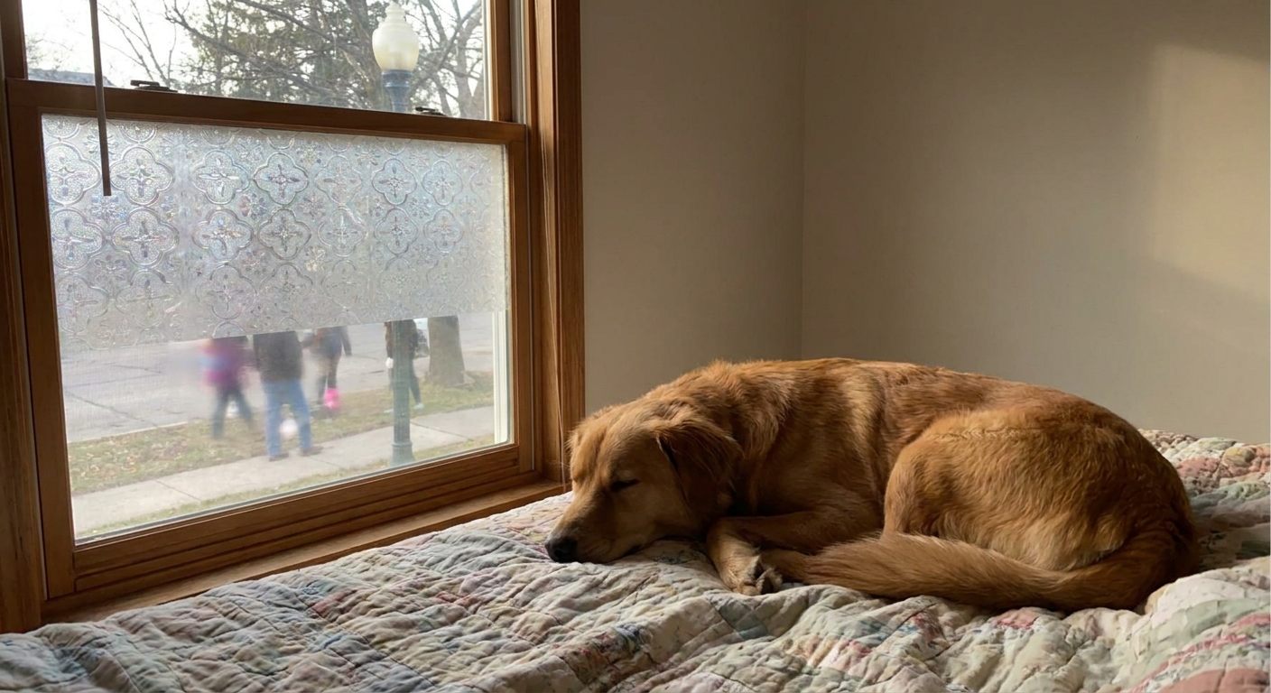 A dog resting on a bed while frosted privacy film on the lower half of a window blocks the view of the sidewalk