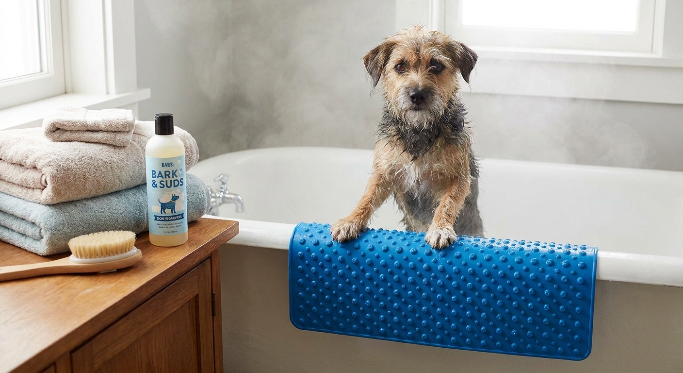 A dog standing in a bathtub on a textured non-slip rubber mat while towels and dog shampoo sit on the counter