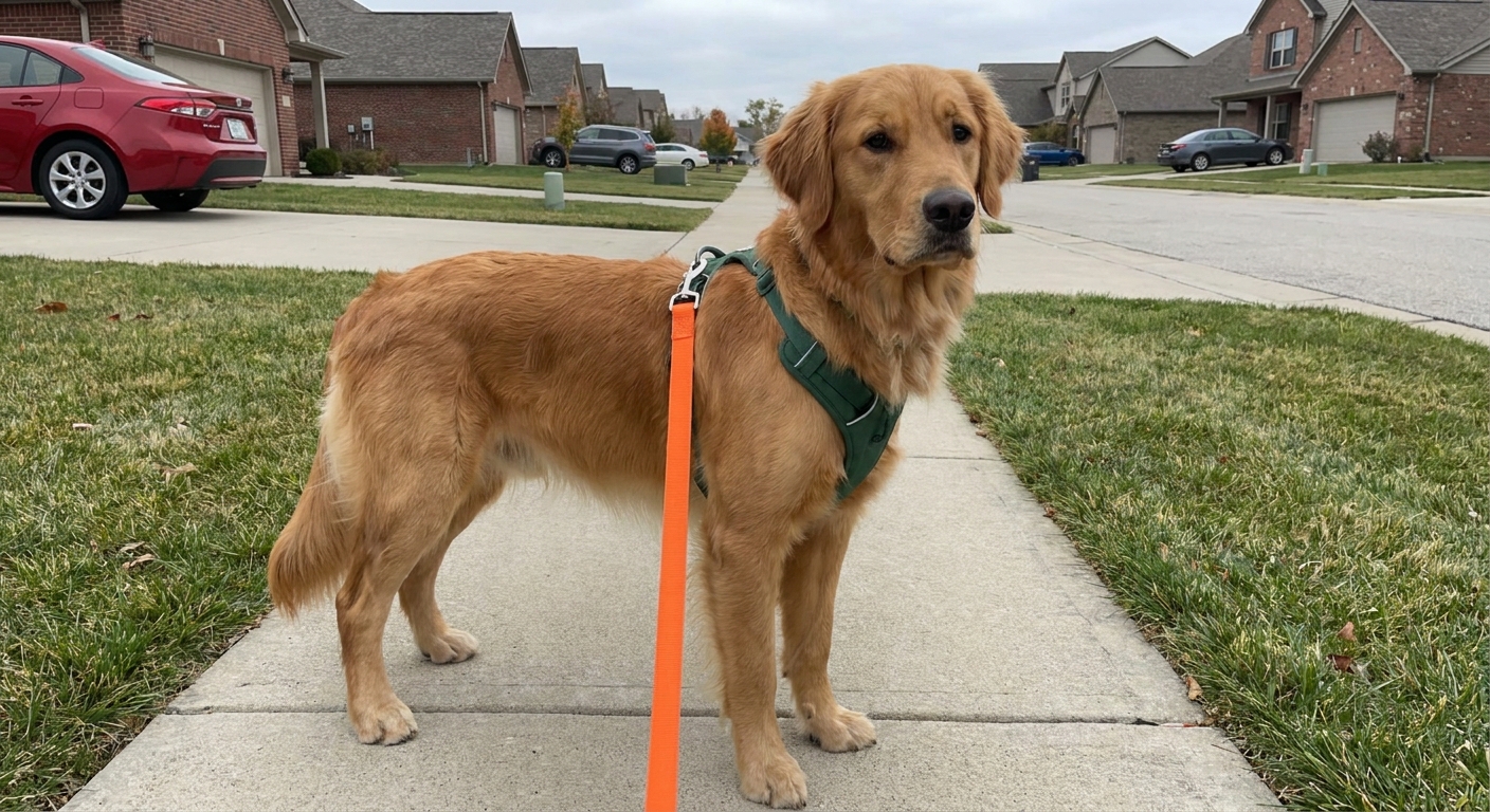 A dog wearing a Y-shaped harness with the leash clipped to the front chest ring while standing on a sidewalk