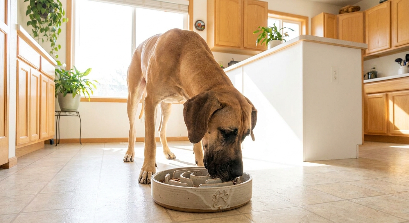 A fawn Great Dane eating from a large slow feeder bowl in a bright kitchen.