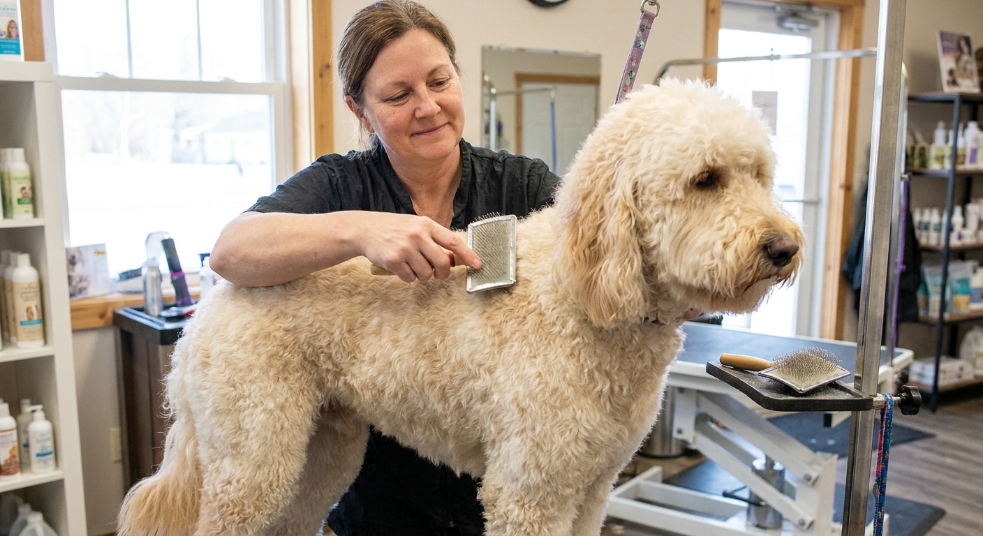 A groomer gently brushing a Goldendoodle with a curly coat on a grooming table, with a slicker brush visible