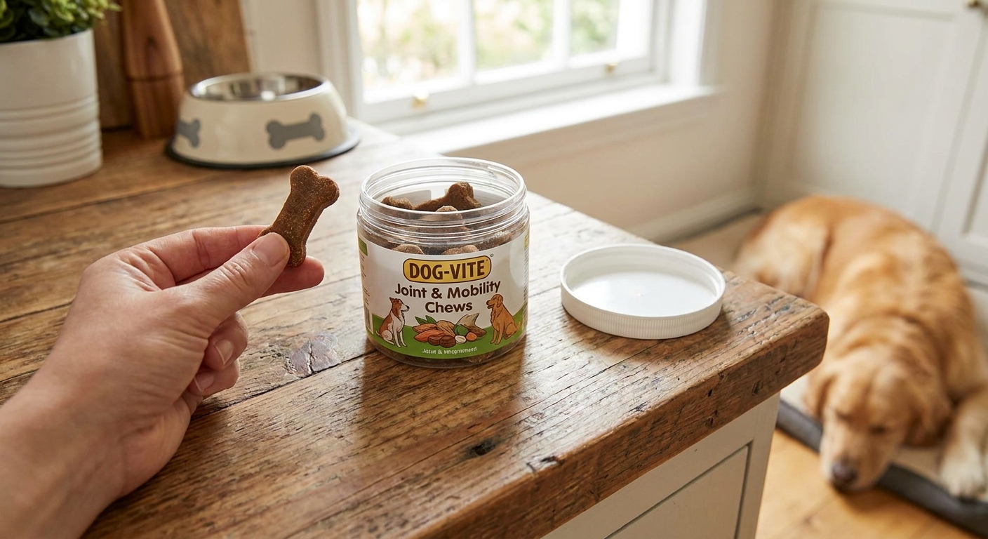 A hand holding a dog joint supplement soft chew next to an open supplement container on a kitchen counter