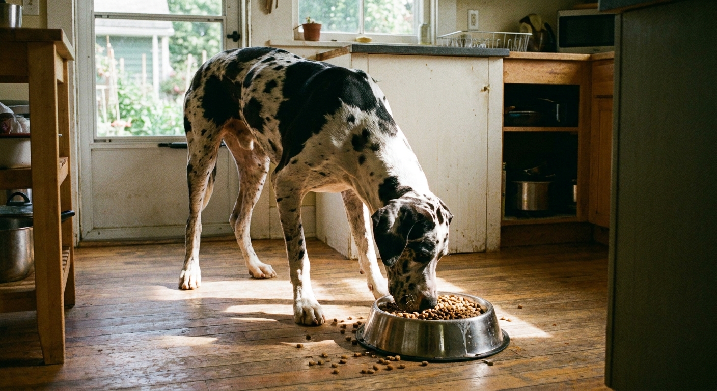 A harlequin Great Dane eating dry kibble from a stainless steel bowl on a kitchen floor in natural light.