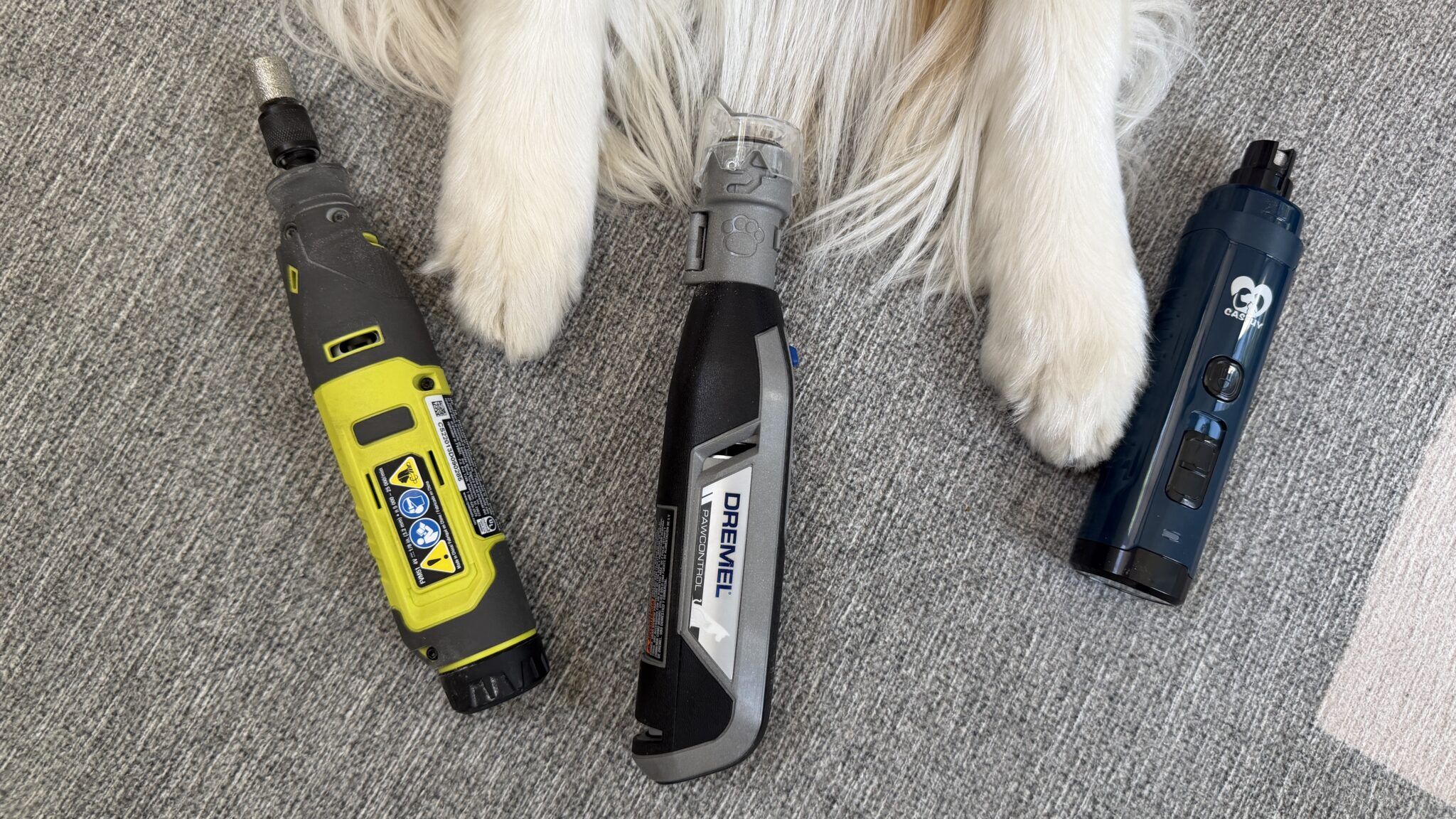 A medium-sized mixed-breed dog sitting calmly on a towel while a person gently uses a nail grinder on one front paw