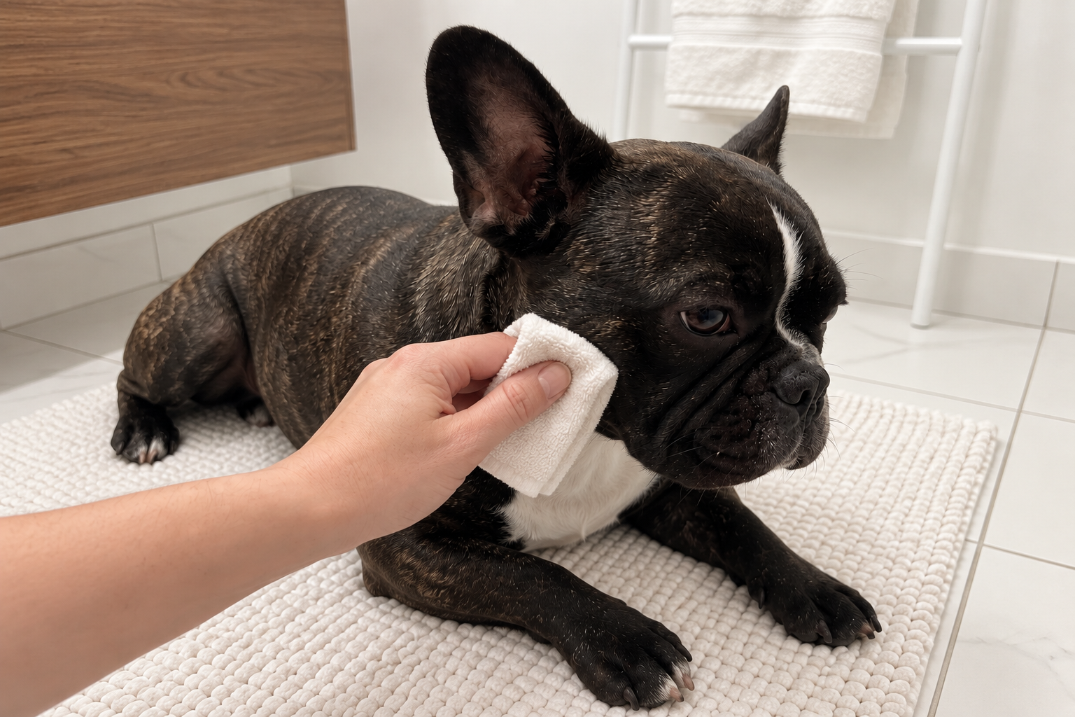A person gently cleaning a French Bulldog's facial wrinkle with a soft cloth while the dog sits calmly on a towel in a bright bathroom