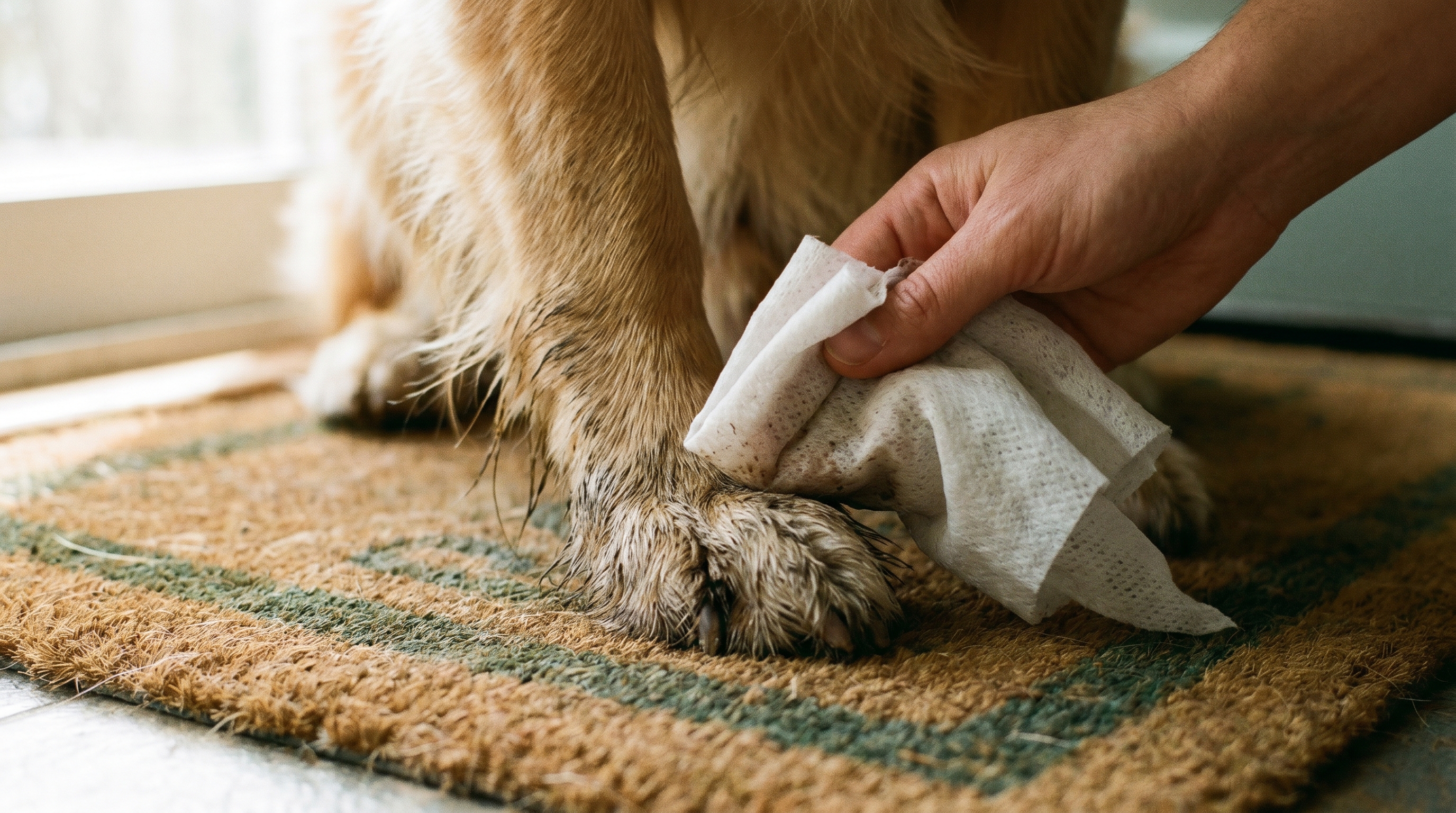 A person gently wiping a dog’s paws with a clean towel by the front door after a walk, showing an easy allergy management routine