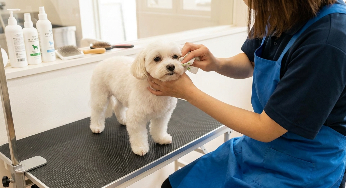 A person gently wiping under a small white dog's eye with a pet-safe eye wipe while the dog stands calmly on a grooming table