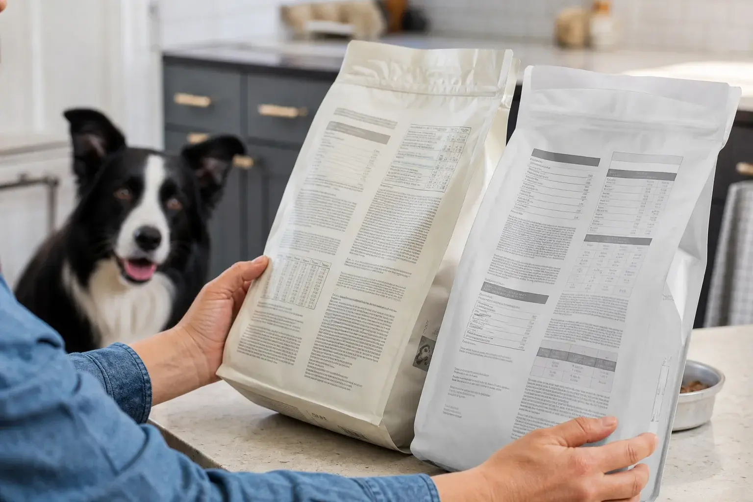 A person holding a bag of dog kibble and reading the ingredient label while a curious Border Collie sits nearby in a living room