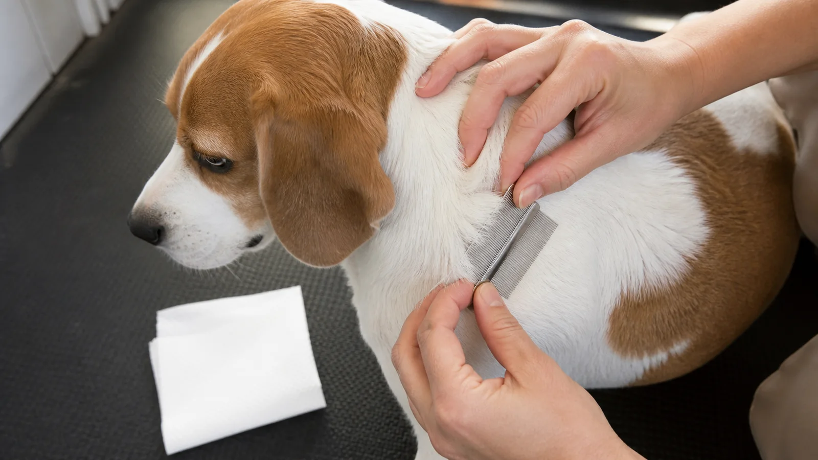 A person using a flea comb to inspect a dog’s coat while the dog sits calmly on a patio