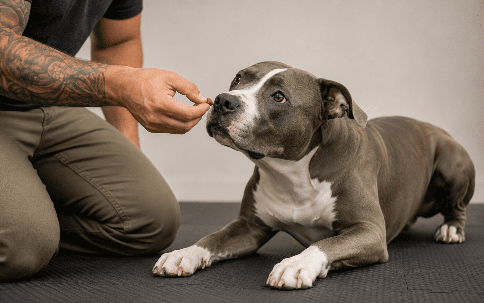 A pit bull type dog sitting politely indoors while an owner holds a small treat at chest level, practicing positive reinforcement training in a tidy living room