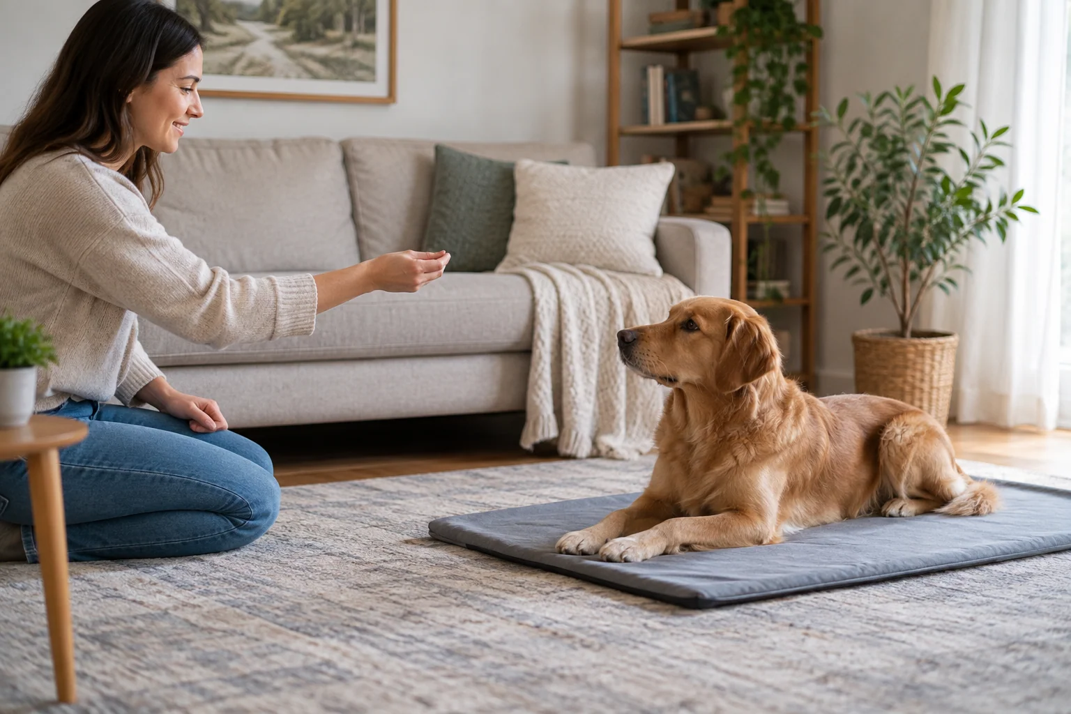A relaxed dog lying on a training mat in a living room while a person quietly tosses a treat for calm behavior