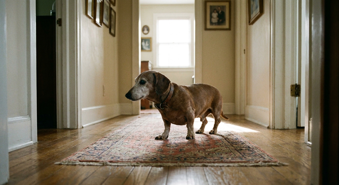 A senior Dachshund walking across a long runner rug on a hardwood floor in a hallway