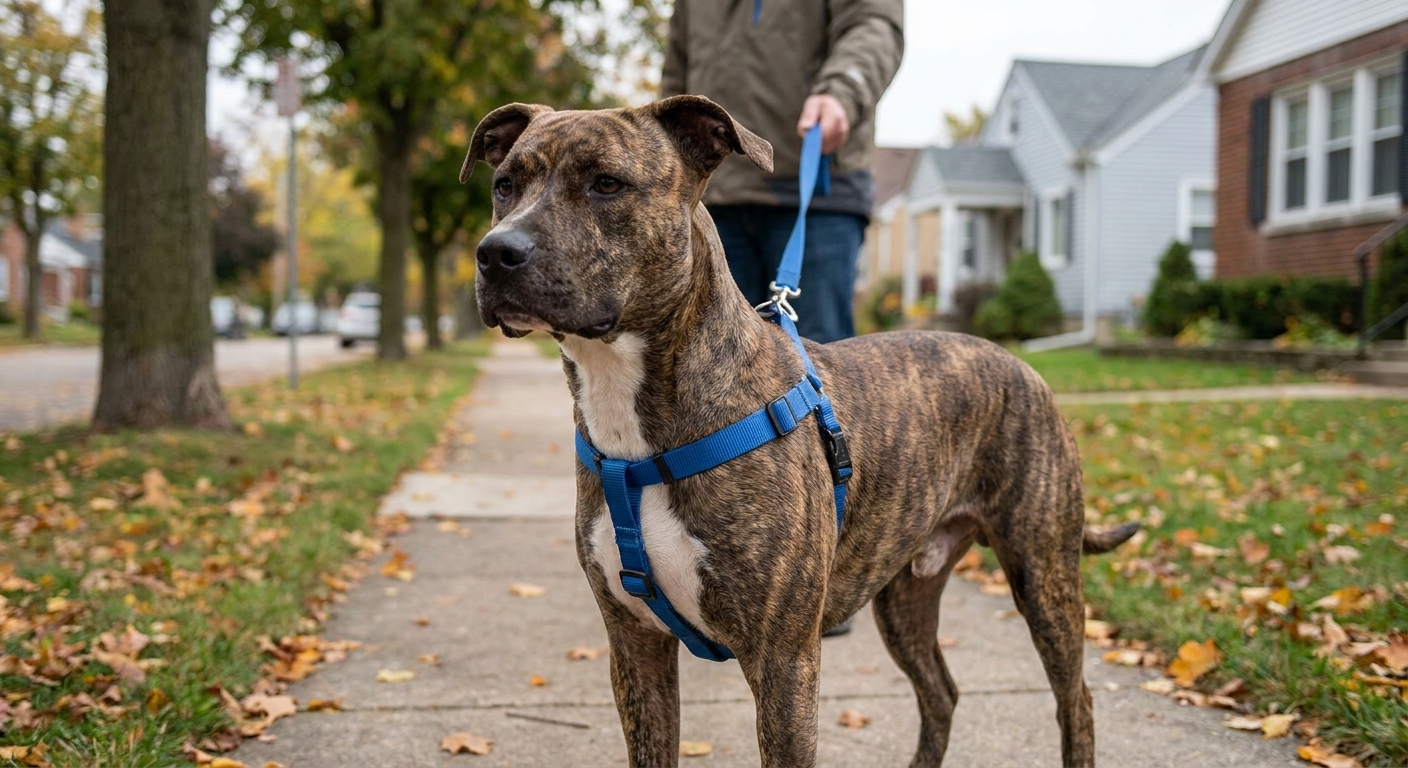 A short-coated pit bull type dog standing calmly in a well-fitted front-clip harness during a relaxed walk on a suburban sidewalk