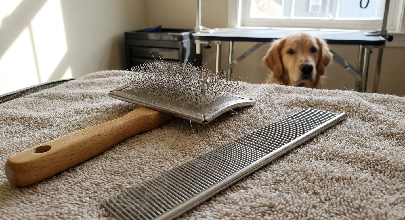 A slicker brush and a metal comb resting on a towel, ready for a dog grooming session