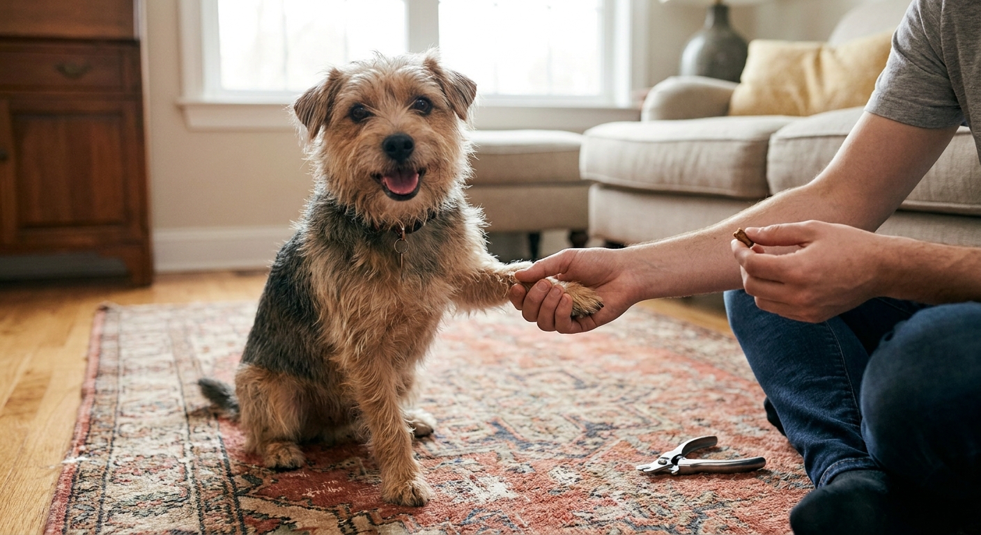 A small dog sitting on a rug while a person gently holds a paw and offers a treat next to a pair of nail clippers