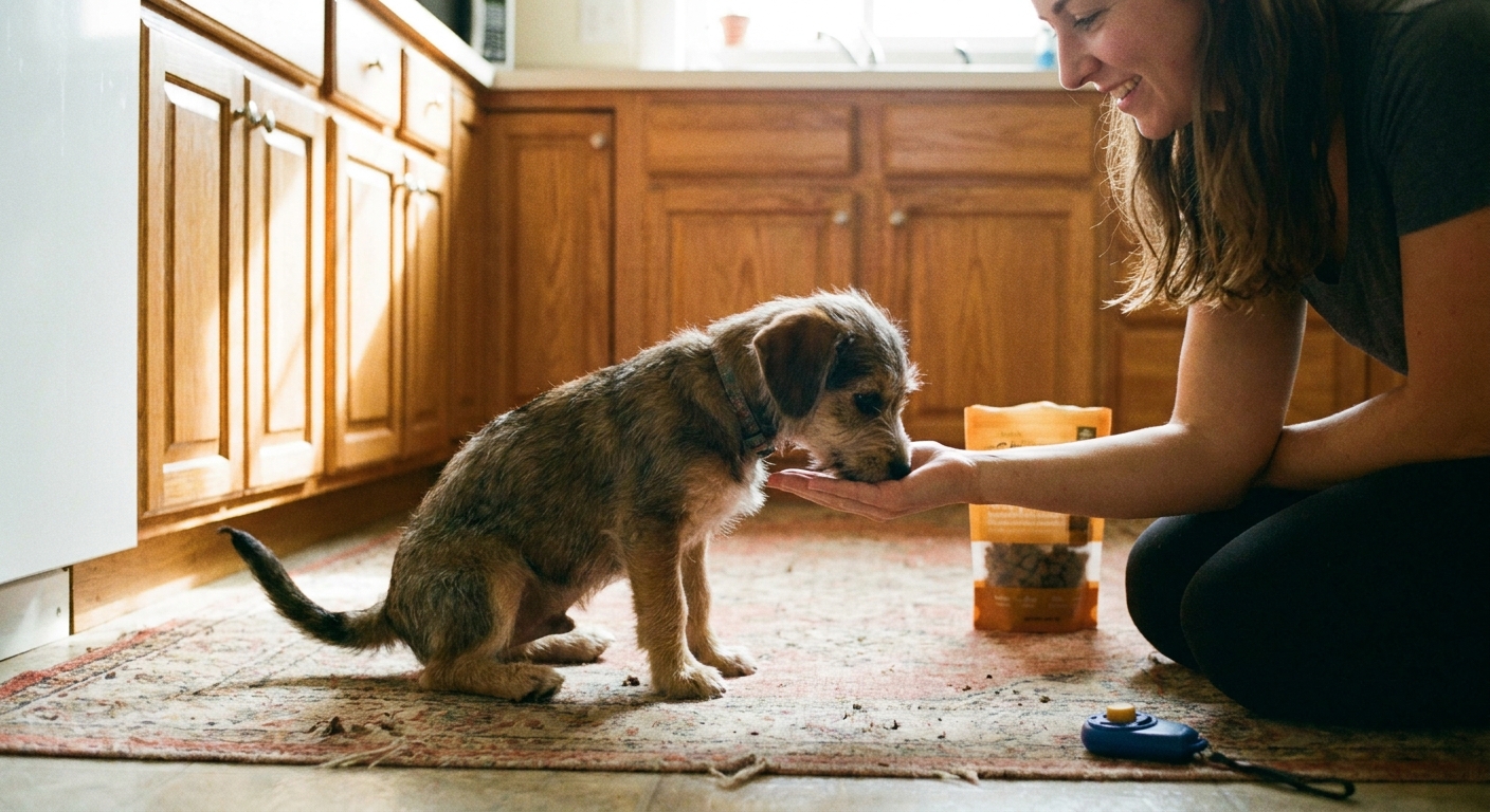 A small mixed-breed puppy gently touching an owner’s open palm with their nose during a training session in a kitchen