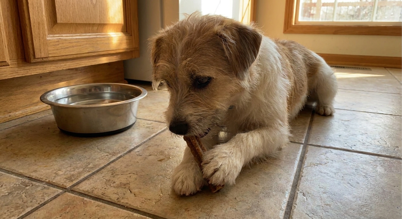A small terrier mix sitting on a kitchen floor gently chewing a short dental stick while a water bowl sits nearby