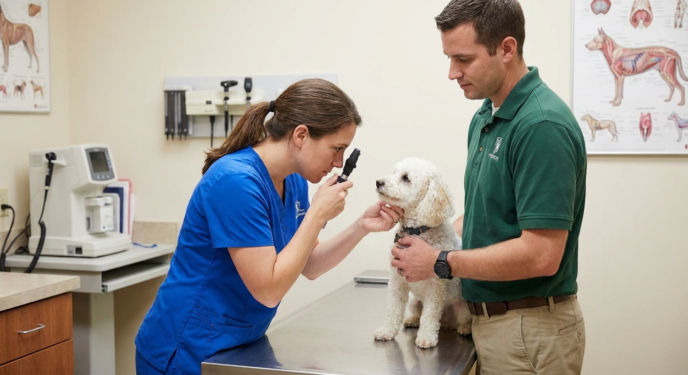A veterinarian gently examining a small white dog's eyes in a clinic exam room while the dog is held securely and calmly