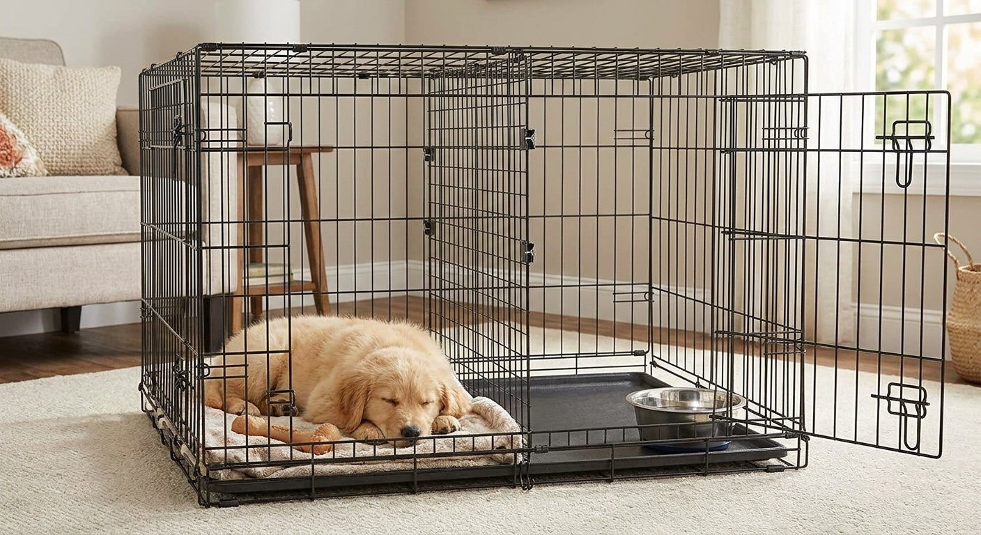 A wire dog crate with an adjustable divider panel installed to reduce the interior space for a small puppy