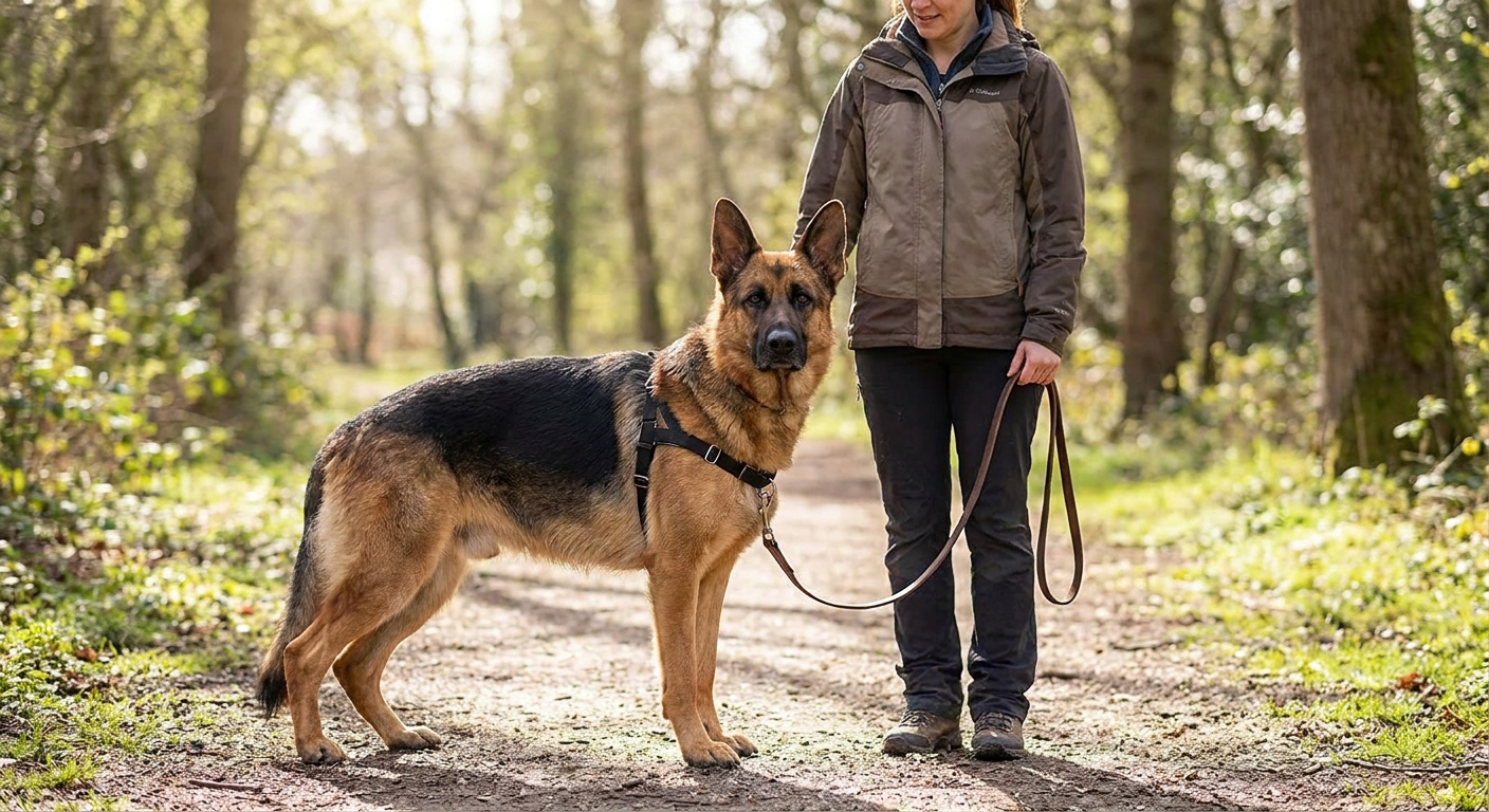 An adult German Shepherd wearing a properly fitted front-clip harness and standing calmly next to a handler holding a loose leash