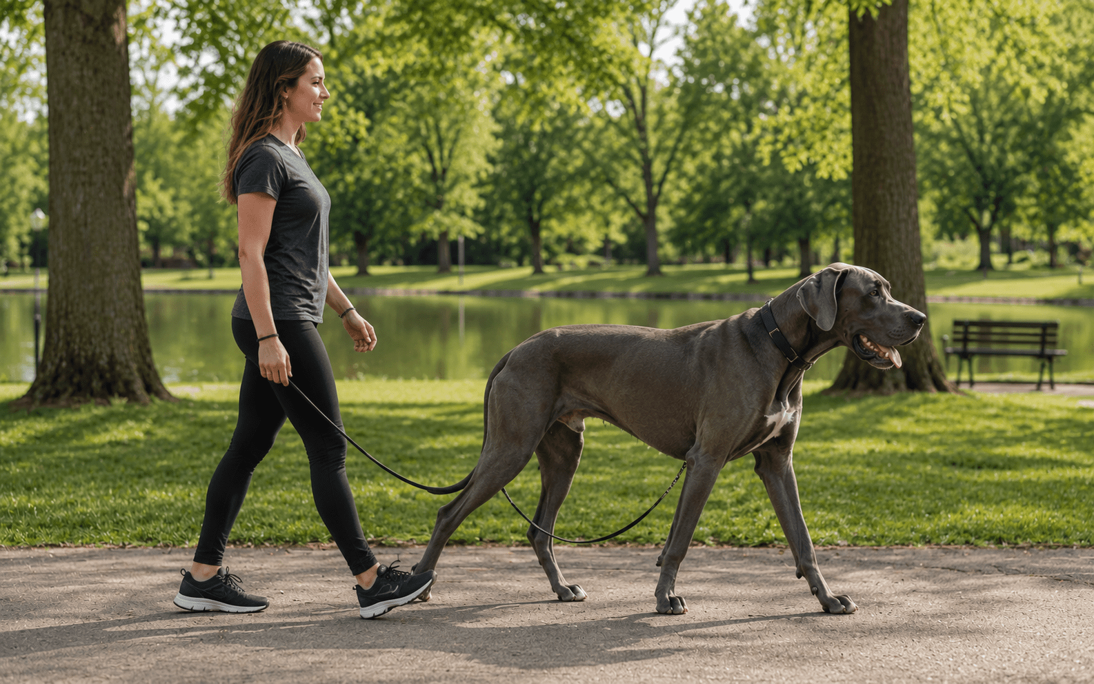An adult Great Dane walking calmly on a leash beside its owner on a neighborhood sidewalk.