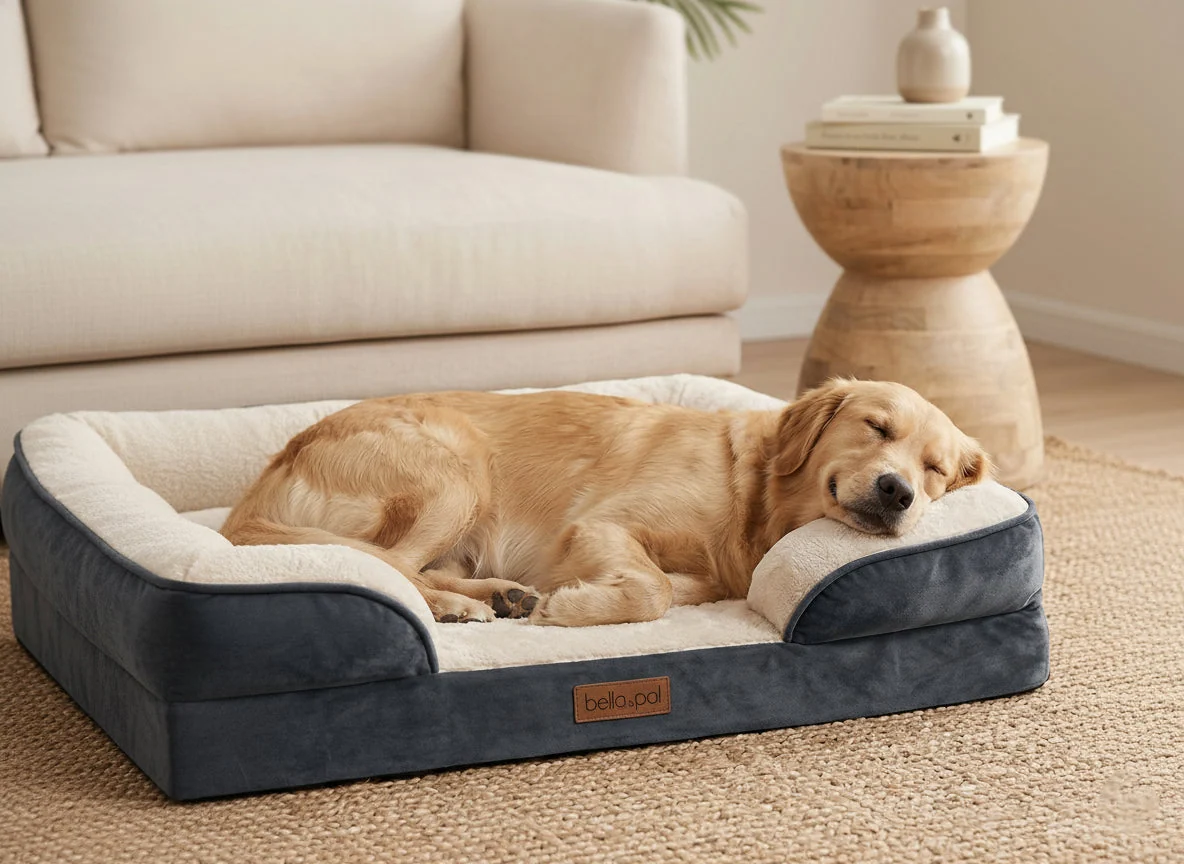 An older Labrador retriever resting comfortably on a thick orthopedic dog bed in a quiet living room
