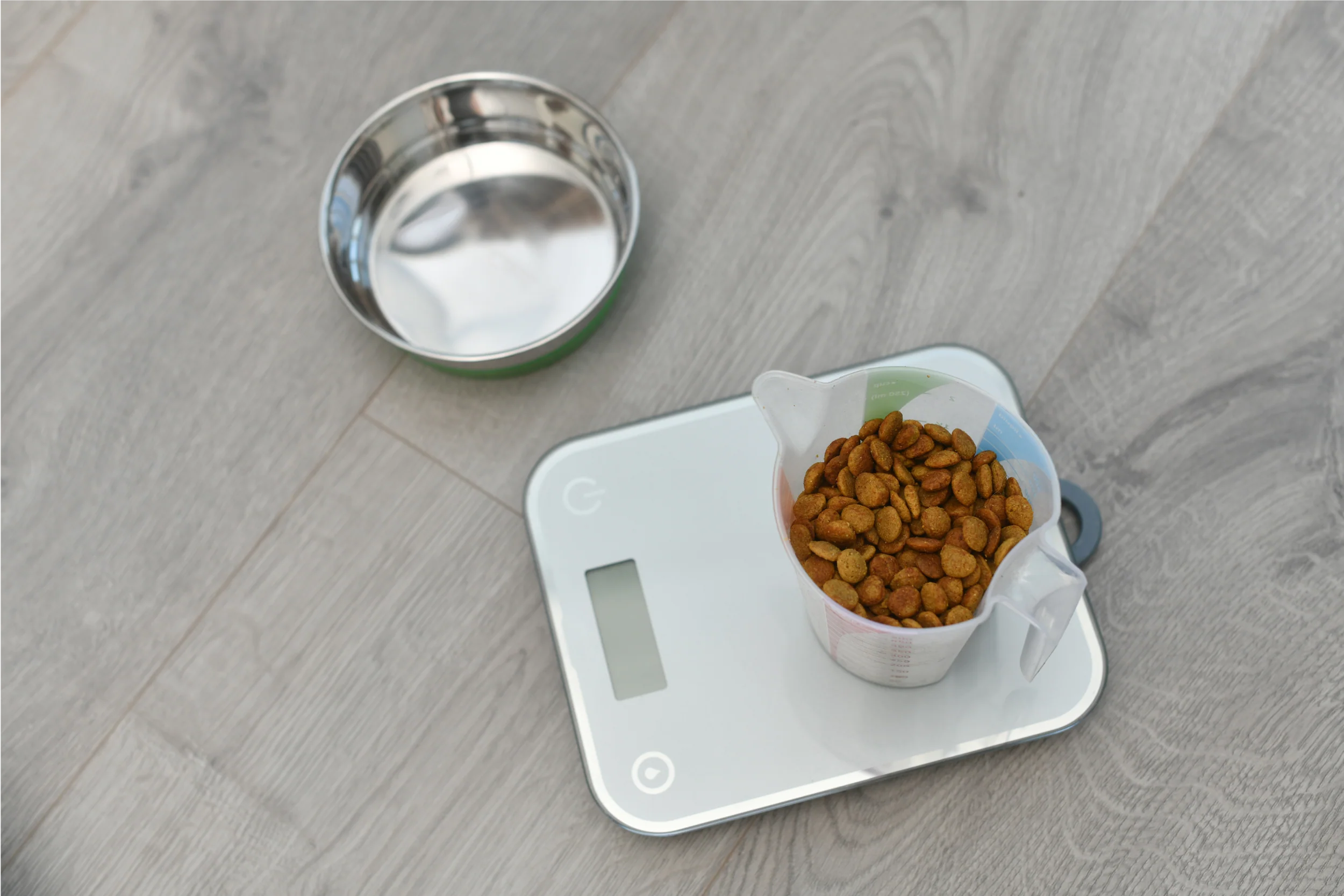 Hands measuring dry dog kibble on a kitchen scale next to a stainless steel dog bowl