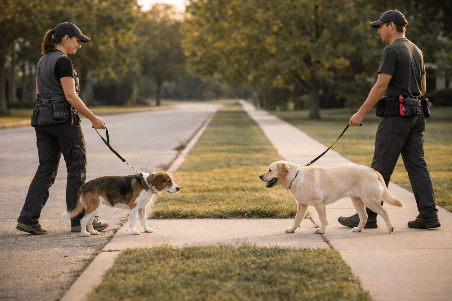 Two dogs walking parallel on leashes with their handlers several yards apart on a quiet path, both dogs showing relaxed body language